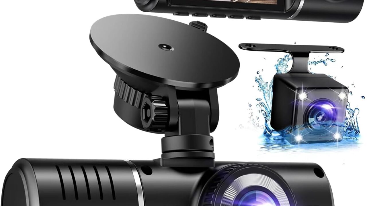 Dash Cam Front and Rear, 1080P Dash Camera for Cars, 3 Channel Car Camera Front Rear and Inside with 32GB Card, Loop Recording, Night Vision, HDR, 24Hr Parking, G-Sensor pcs