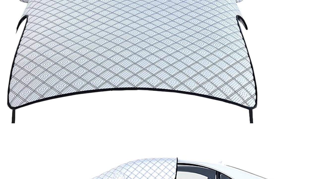 Car Windshield Snow Cover, Scratch-resistant Hood Protector, Multi-functional Snowproof & Heat Block Sunshade with Warning Reflective Strips, for Most SUVs, Sedans, Off-roads (Silver)